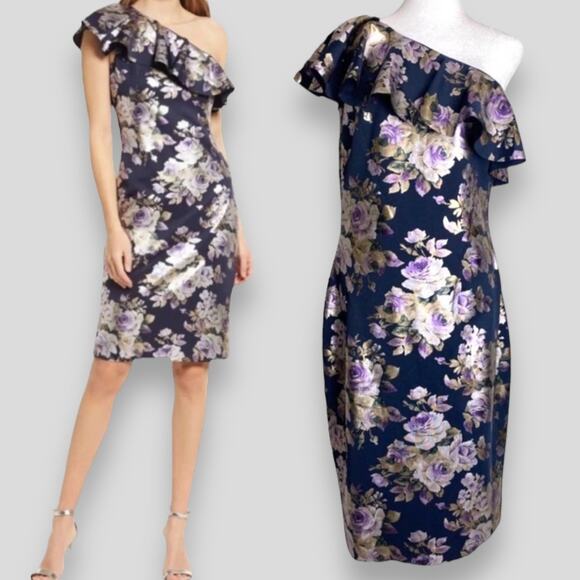 NWT ELIZA J DRESS FLORAL METALLIC FOIL JACQUARD RUFFLE ONE SHOULDER COCKTAIL - Picture 1 of 10